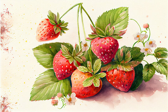 watercolor painting of delicious strawberries raspberries, made with generative ai