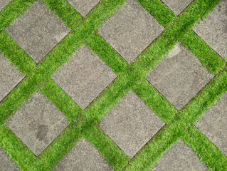 Flat lay shot of tile pavement close-up with artificial green grass diagonal. Abstract background texture.