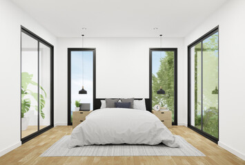 Bedroom with bed and furniture on wooden floor. 3d rendering of interior with sea and sky background.