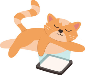 Cute lazy cartoon cat near tablet flat icon