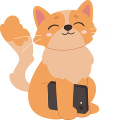 Cute red cat with smartphone flat icon Funny domestic animal