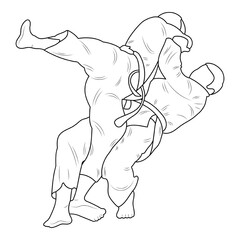 Sketch judoist, judoka athlete duel, fight, judo, pack of sport figure silhouette outline