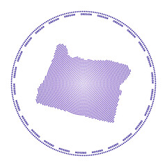 Oregon round logo. Digital style shape of Oregon in dotted circle with us state name. Tech icon of the us state with gradiented dots. Elegant vector illustration.