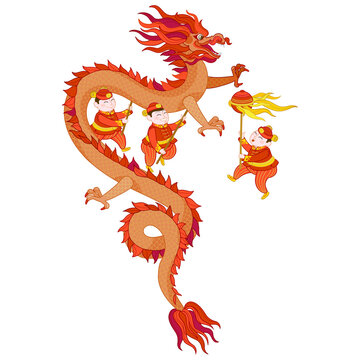 Bright colorful banner with a illustration of cute Chinese performing a Dragon Dance. Fly Dragon and Pearl. Chinese element for Lunar New Year's design. Chine spring festival.
