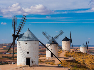 Windmills in the town of Consuegra de Toledo on a summer afternoon.