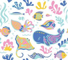 Seamless pattern with cute underwater life in ethnic style