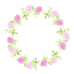 Round wreath of blooming clover. St.Patrick 's Day. Watercolor illustration. Isolated on a white background.For your design packages of seeds, goods for a garden, stickers, organic products, stickers