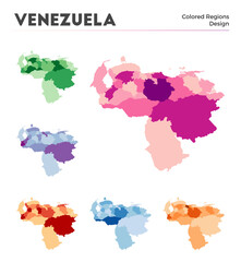 Venezuela map collection. Borders of Venezuela for your infographic. Colored country regions. Vector illustration.