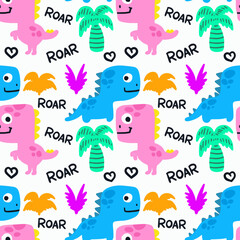 Cute little dinosaurs hand drawn doodle illustration childish seamless pattern