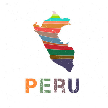 Peru map design. Shape of the country with beautiful geometric waves and grunge texture. Stylish vector illustration.