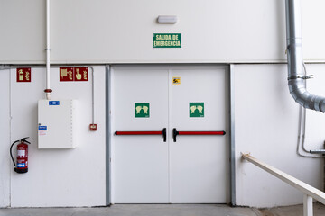 Close up of Exit doors and Emergency exit sign written in spanish. Parking emergency exit.