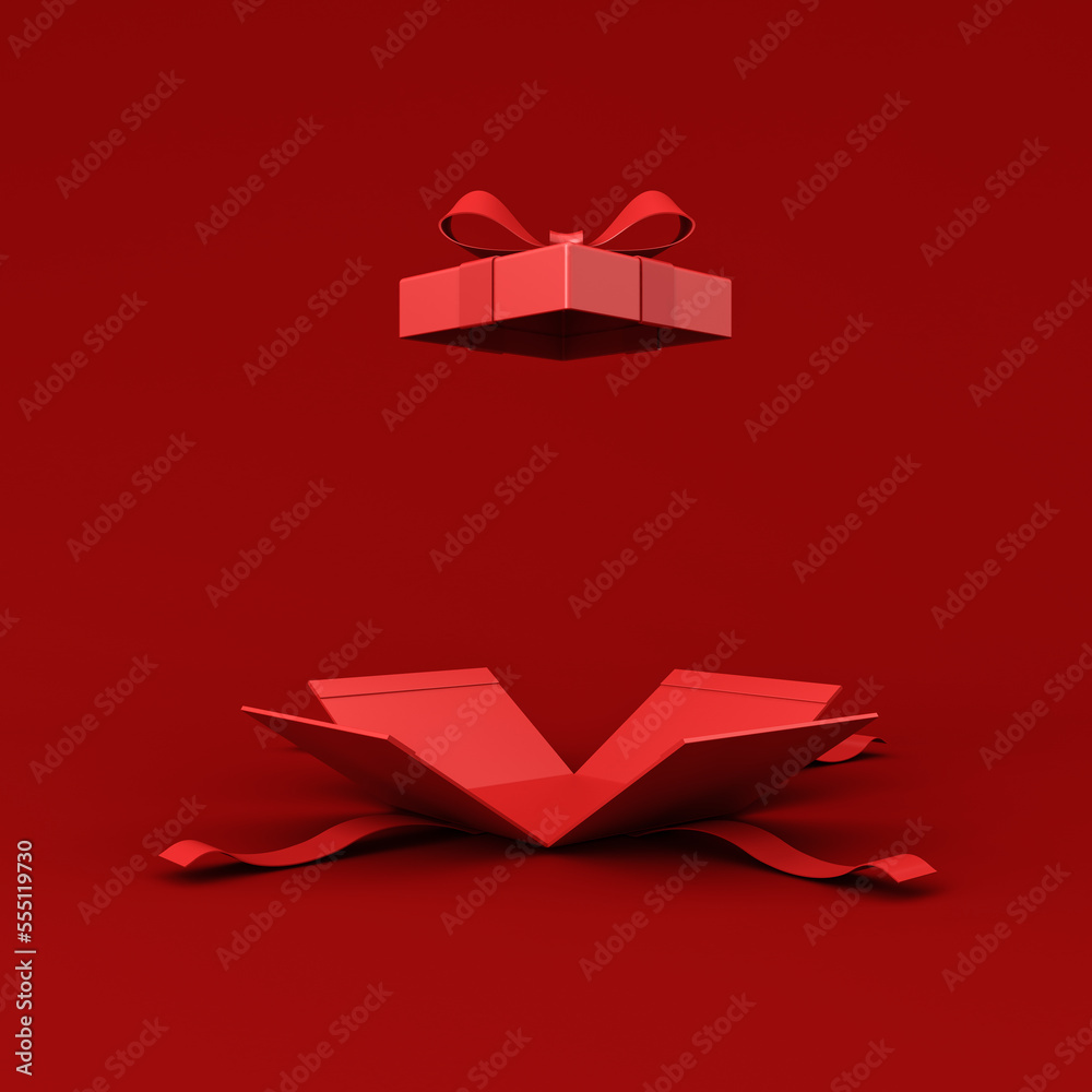 Poster all red opening gift box blank opened present box with red ribbon bow isolated on dark red backgroun