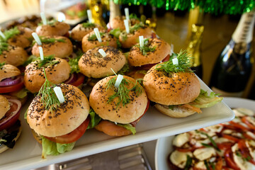 Close-up of appetizer snacks mini burgers on a white plate