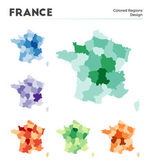 France map collection. Borders of France for your infographic. Colored country regions. Vector illustration.