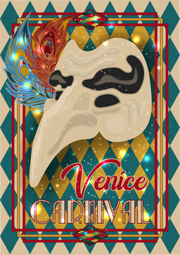 Traditional venice mask Zanni with big nose, greeting card in art deco style , vector illustration