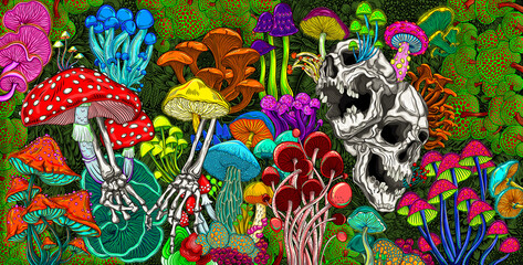 Abstract colorful background with bright magical psychedelic mushrooms and skulls. Hand-drawn print. Hippie magic mushrooms illustration print. Texture background for creativity and advertising - 555119931
