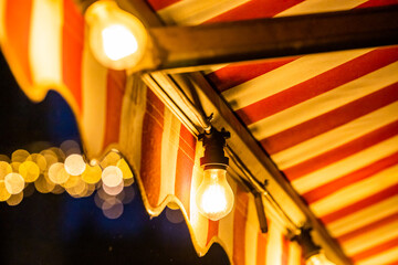 Copenhagen, Denmark Detail of a cafe awning at night.