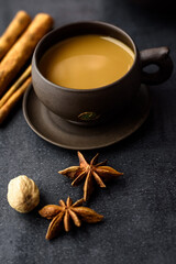 Masala tea in a clay mug and teapot. Traditional Indian hot drink with milk and spices on dark background