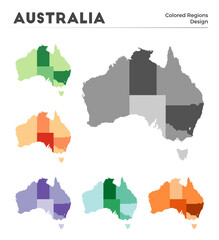 Australia map collection. Borders of Australia for your infographic. Colored country regions. Vector illustration.