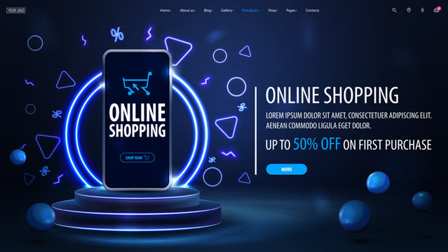 Online shopping, blue web banner with smartphone on blue podium with blue neon rings