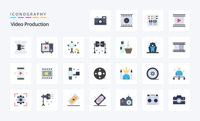25 Video Production Flat color icon pack. Vector icons illustration