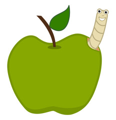 Smiling white maggot coming out of a juicy green apple 