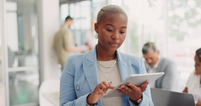 Black woman, office and tablet for connection, online search and marketing strategy. African American female, ceo and entrepreneur with device, data analysis and meeting for brainstorming and fintech