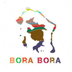 Bora Bora map design. Shape of the island with beautiful geometric waves and grunge texture. Superb vector illustration.