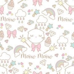 Cute seamless pattern head cat unicorn with cute item in pastel