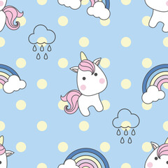 Cute seamless pattern unicorn with polka dot and rainbow on blue.