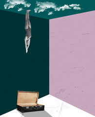 Female swimmer diving into retro suitcase. Modern design, contemporary art collage. Inspiration,...