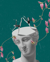Ballet dancers on huge ancient statue head. Modern design, contemporary art collage. Inspiration,...