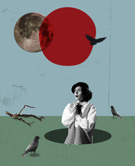 Shocked woman looking away with fear. Modern design, contemporary art collage. Inspiration, idea,...