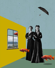 Two serious women in medieval dresses in surreal room. Modern design, contemporary art collage....