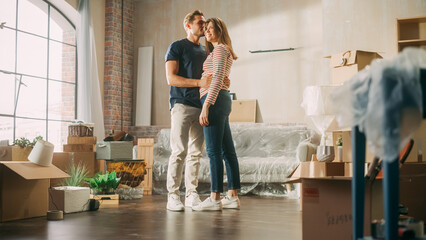 Family New Home Moving in: Happy and Excited Young Couple Enter Newly Purchased Apartment....