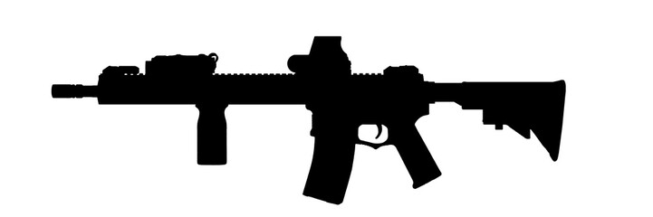 Silhouette image of ar assault rifle weapon with front grip and red dot sign isolated on white background