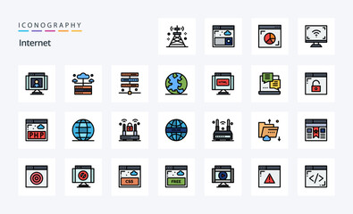 25 Internet Line Filled Style icon pack. Vector iconography illustration