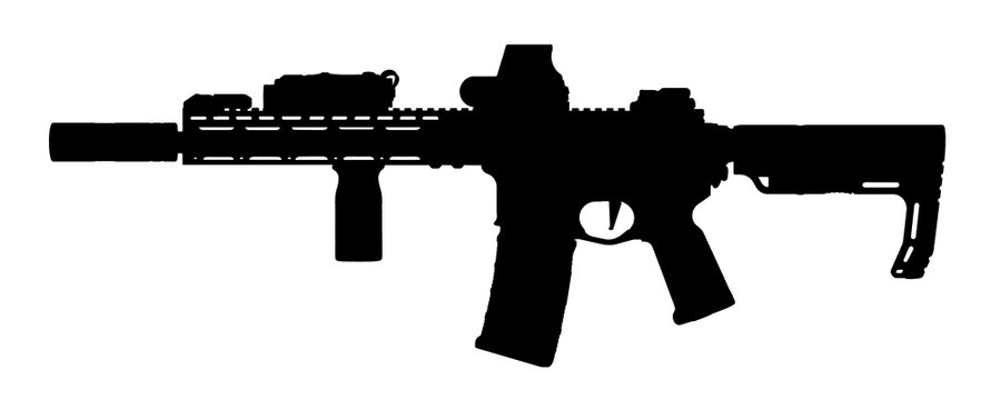 Silhouette image of ar assault rifle weapon with front grip and red dot sign isolated on white background