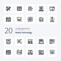 20 Media Technology Line icon Pack. like movie. system. cloud. media. hardware