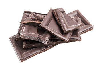 Dark chocolate pieces, cubes on a heap, broken chocolate isolated on white background