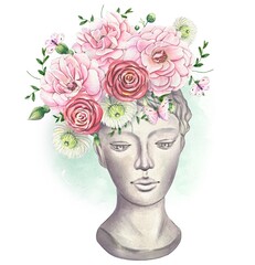 Floral vintage bouquet with pink roses, a bouquet in a plaster head. Watercolor illustration