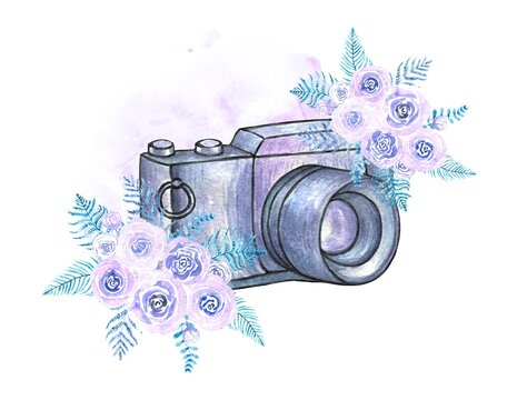 Hand-drawn sketch of a vintage camera with flowers, watercolor
