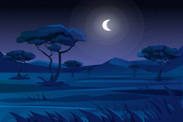 Savannah night scene with fields, mountains, trees and grass in moonlight, landscape background in cartoon style.