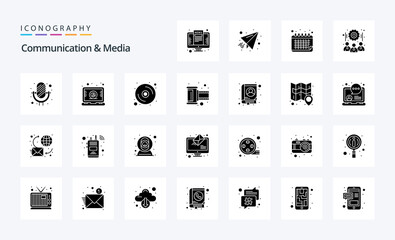 25 Communication And Media Solid Glyph icon pack. Vector icons illustration