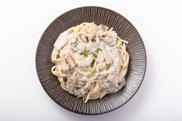 ブラウンマッシュルームとベーコンのトリュフソースのクリームパスタ