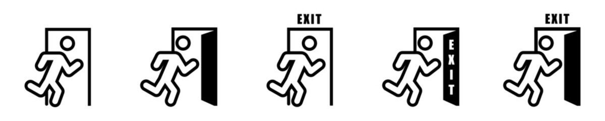 Conjunto de iconos de salida de emergencia. Hombre corriendo hacia la puerta de salida. Evacuación, ayuda, escape. Ilustración vectorial