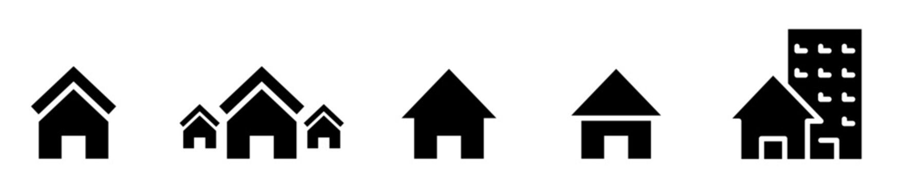 Conjunto de iconos de casas. Bienes ra&iacute;ces. Hogar, vivienda, residencia. Edificaciones de diferentes estilos. Ilustraci&oacute;n vectorial