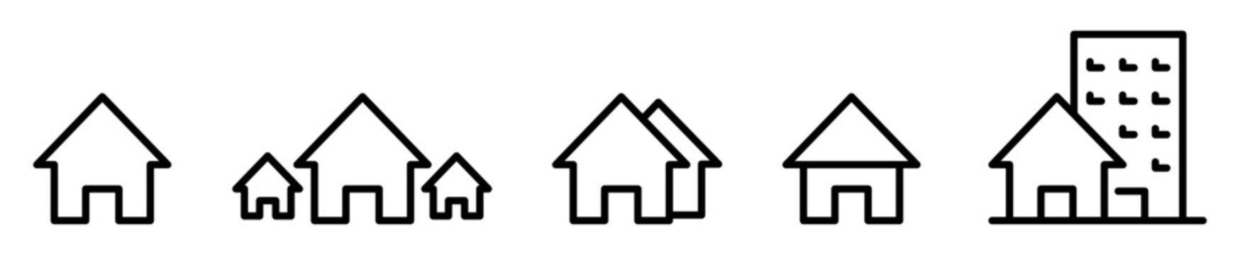 Conjunto de iconos de casas. Bienes ra&iacute;ces. Hogar, vivienda, residencia. Ilustraci&oacute;n vectorial