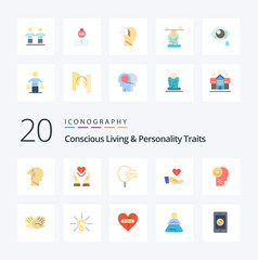 20 Concious Living And Personality Traits Flat Color icon Pack. like giving. charity. heart. stress. blow