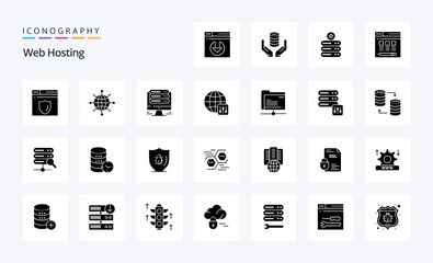 25 Web Hosting Solid Glyph icon pack. Vector icons illustration